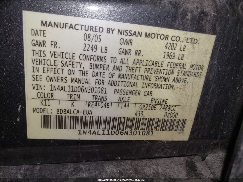 2006 Nissan Altima 2.5 S VIN: 1N4AL11D06N301081 Lot: 43991550