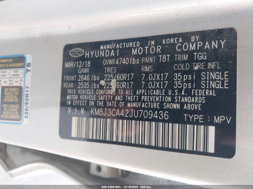 2018 Hyundai Tucson Sel VIN: KM8J3CA42JU709436 Lot: 43991551