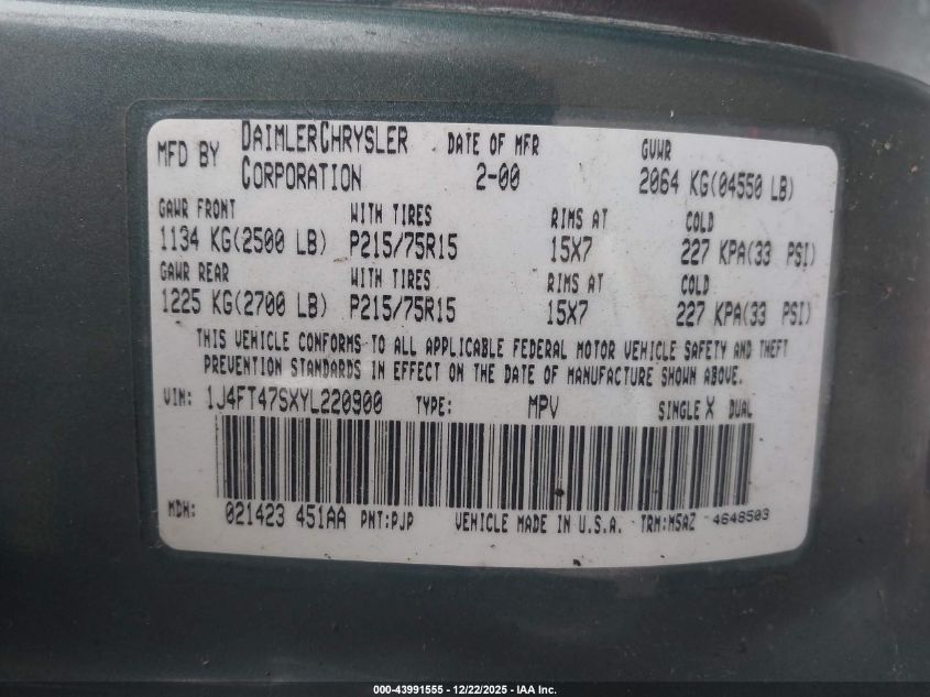 2000 Jeep Cherokee Sport VIN: 1J4FT47SXYL220900 Lot: 43991555