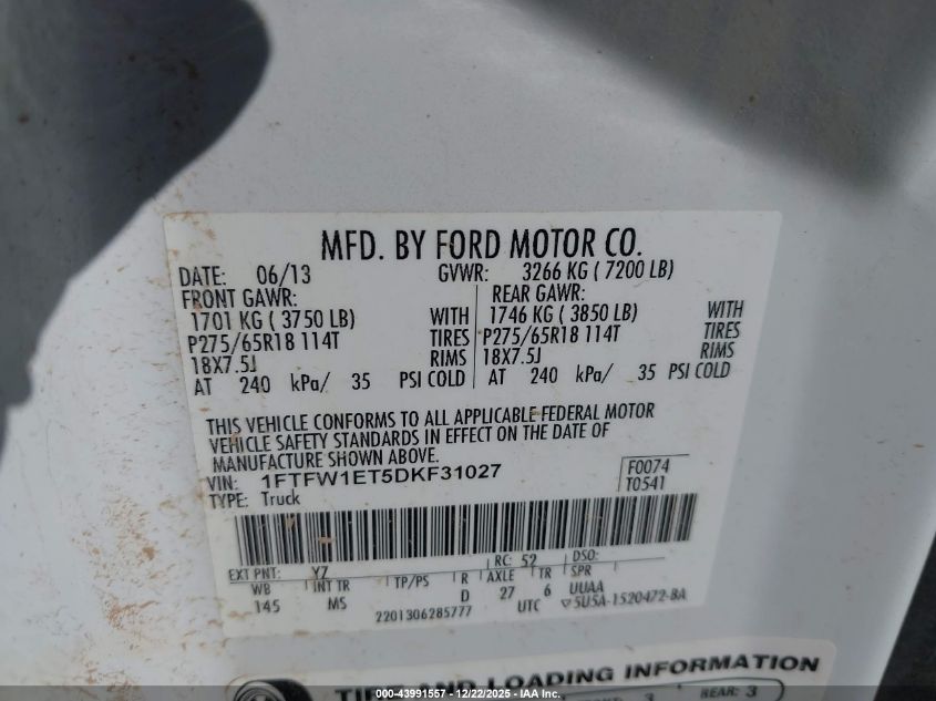 2013 Ford F-150 Xlt VIN: 1FTFW1ET5DKF31027 Lot: 43991557