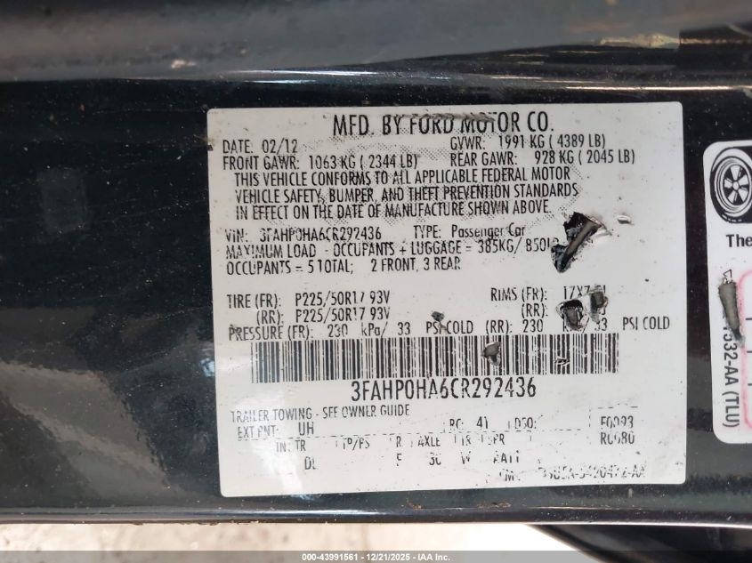 2012 Ford Fusion Se VIN: 3FAHP0HA6CR292436 Lot: 43991561