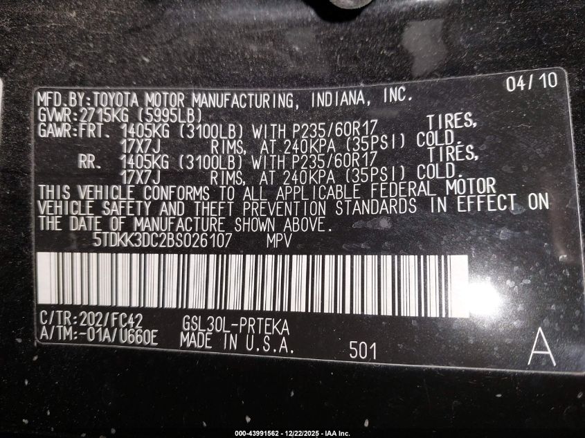 2011 Toyota Sienna Le V6 VIN: 5TDKK3DC2BS026107 Lot: 43991562