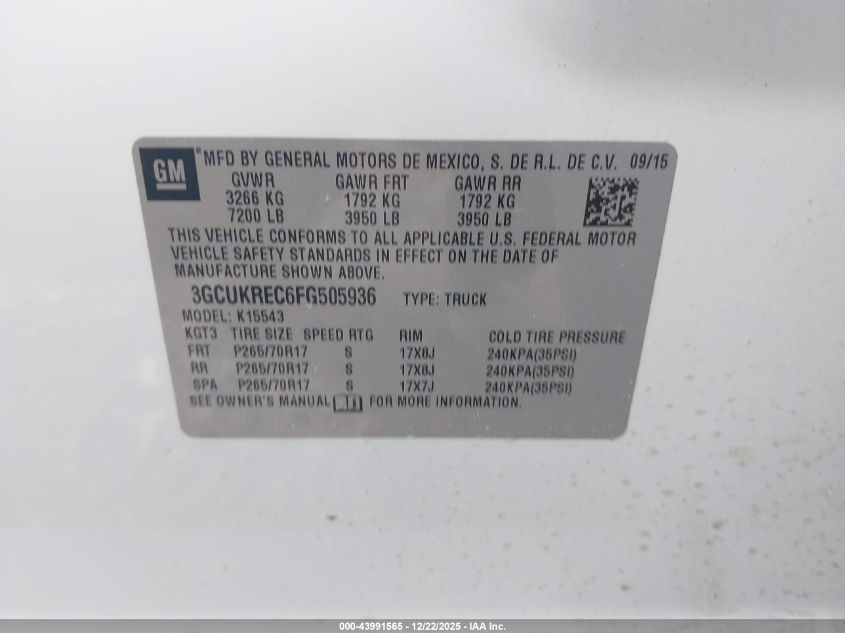 2015 Chevrolet Silverado 1500 1Lt VIN: 3GCUKREC6FG505936 Lot: 43991565