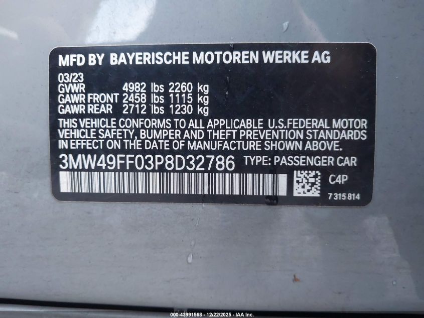 2023 BMW 3 Series M340I xDrive VIN: 3MW49FF03P8D32786 Lot: 43991568
