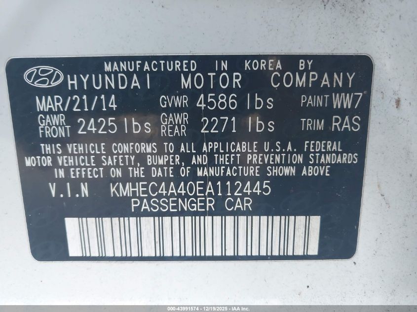 2014 Hyundai Sonata Hybrid Limited VIN: KMHEC4A40EA112445 Lot: 43991574