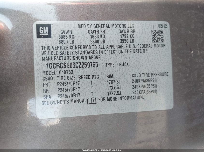 2012 Chevrolet Silverado 1500 Lt VIN: 1GCRCSE06CZ250765 Lot: 43991577