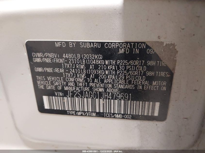 2018 Subaru Forester 2.5I Premium VIN: JF2SJAGC1JH479691 Lot: 43991581