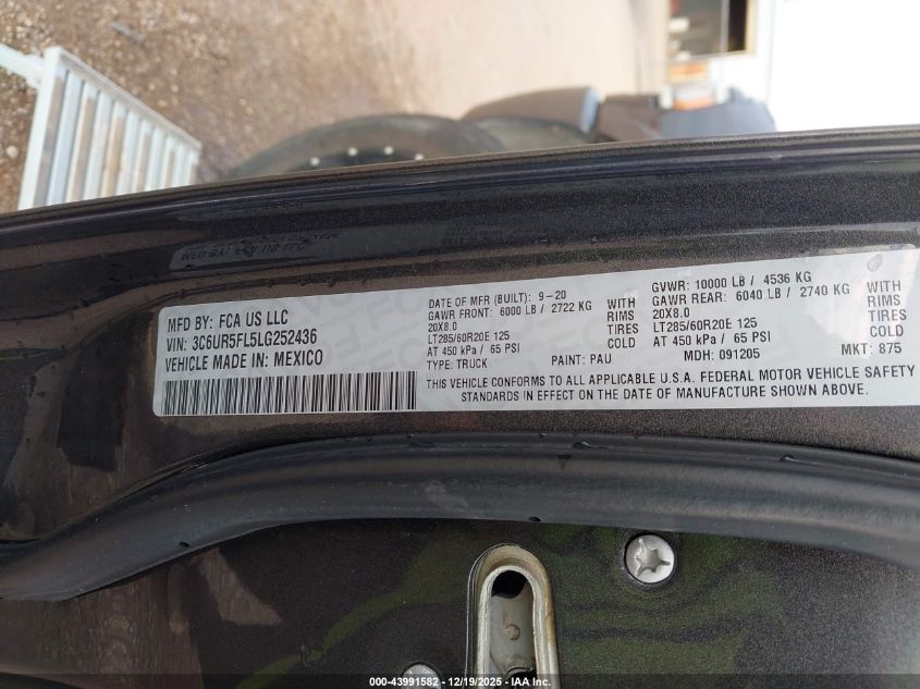 2020 Ram 2500 Laramie 4X4 6'4 Box VIN: 3C6UR5FL5LG252436 Lot: 43991582