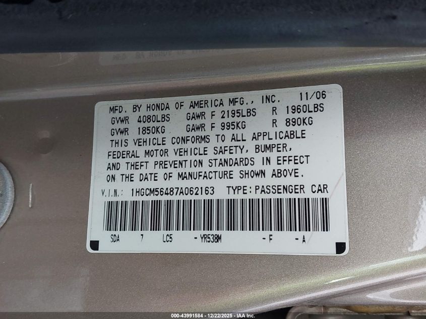 2007 Honda Accord 2.4 Lx VIN: 1HGCM56487A062163 Lot: 43991584
