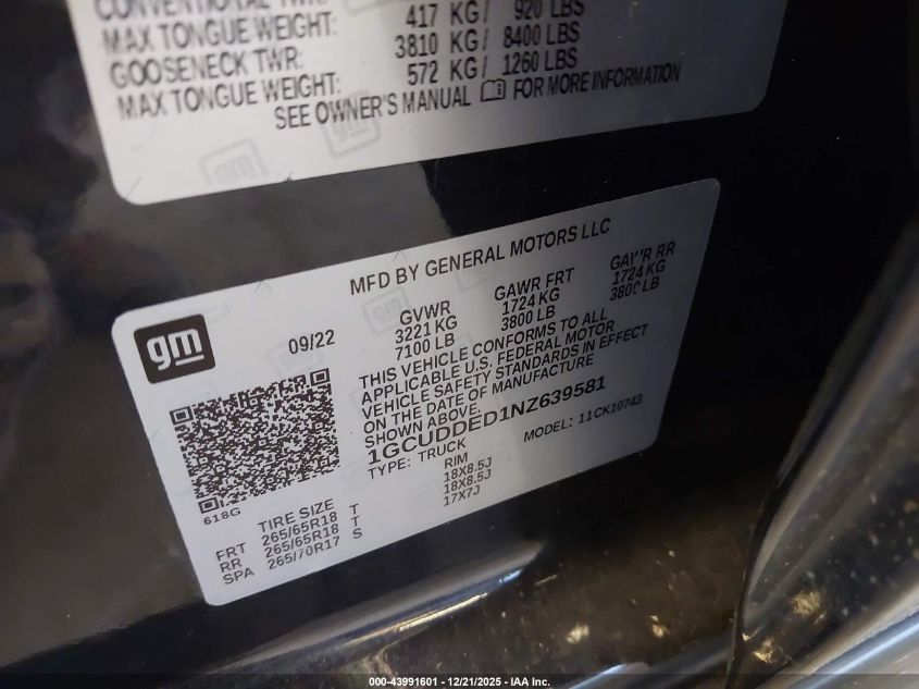 2022 Chevrolet Silverado 1500 4Wd Standard Bed Lt VIN: 1GCUDDED1NZ639581 Lot: 43991601