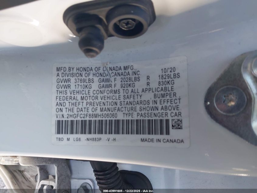2021 Honda Civic Sport VIN: 2HGFC2F88MH506060 Lot: 43991605