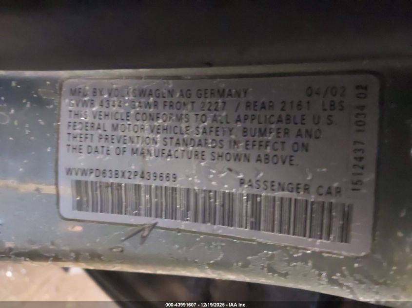 2002 Volkswagen Passat Gls VIN: WVWPD63BX2P439669 Lot: 43991607