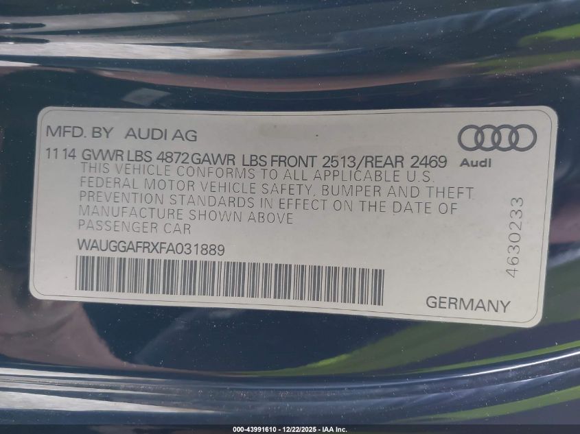 2015 Audi S5 3.0T Premium Plus VIN: WAUGGAFRXFA031889 Lot: 43991610
