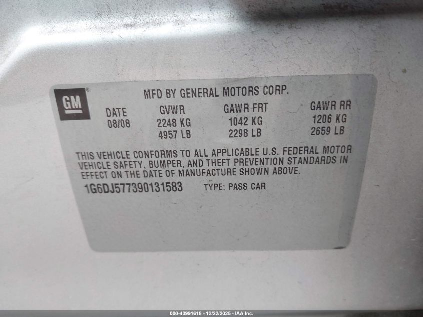 2009 Cadillac Cts Standard VIN: 1G6DJ577390131583 Lot: 43991618