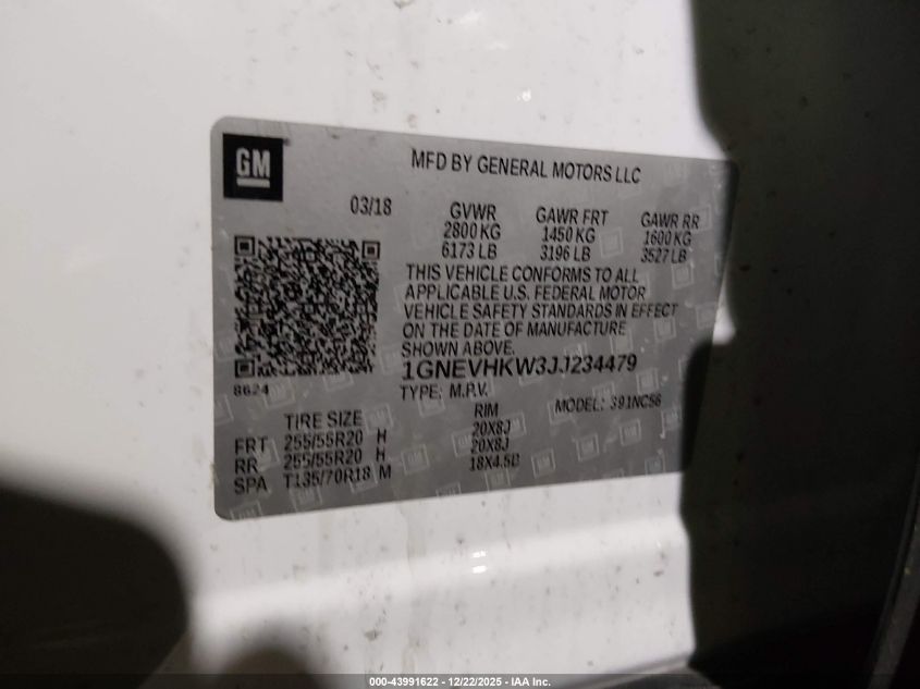 2018 Chevrolet Traverse 3Lt VIN: 1GNEVHKW3JJ234479 Lot: 43991622