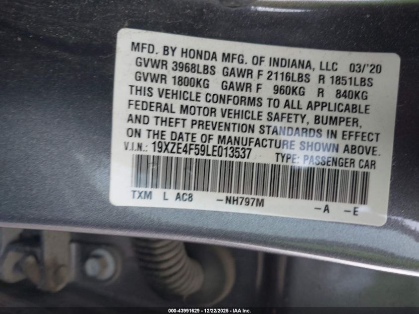 2020 Honda Insight Ex VIN: 19XZE4F59LE013537 Lot: 43991629