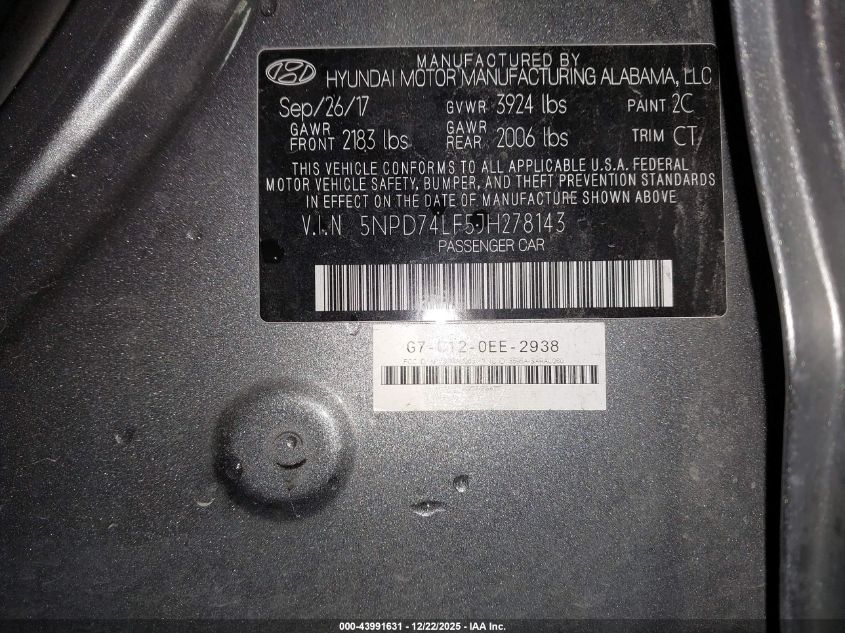 2018 Hyundai Elantra Se VIN: 5NPD74LF5JH278143 Lot: 43991631