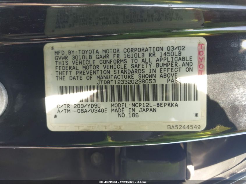 2002 Toyota Echo VIN: JTDBT123320238053 Lot: 43991634