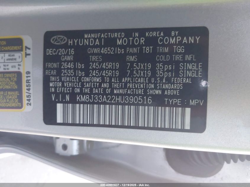 2017 Hyundai Tucson Sport VIN: KM8J33A22HU390516 Lot: 43991637