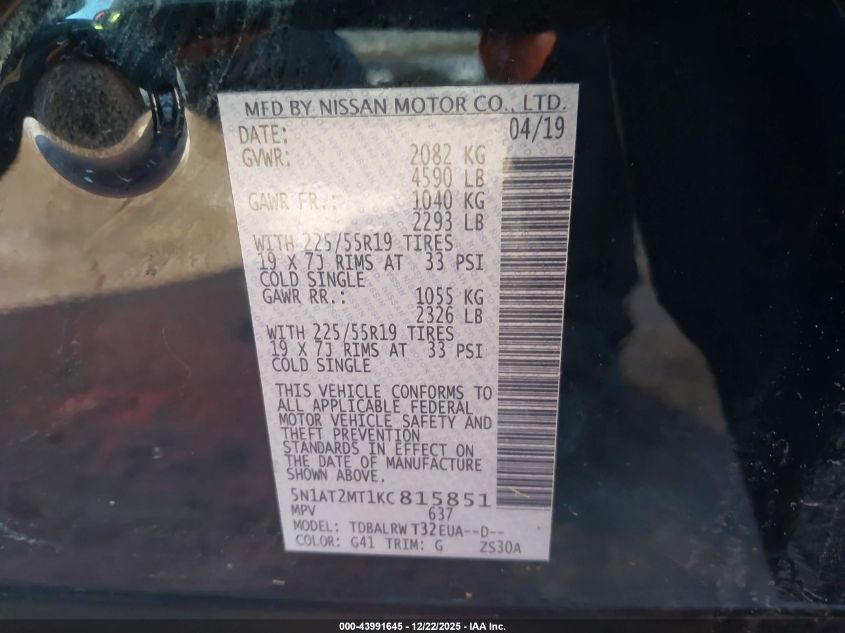 2019 Nissan Rogue Sl VIN: 5N1AT2MT1KC815851 Lot: 43991645