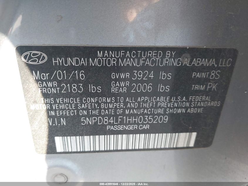 2017 Hyundai Elantra Se VIN: 5NPD84LF1HH035209 Lot: 43991646