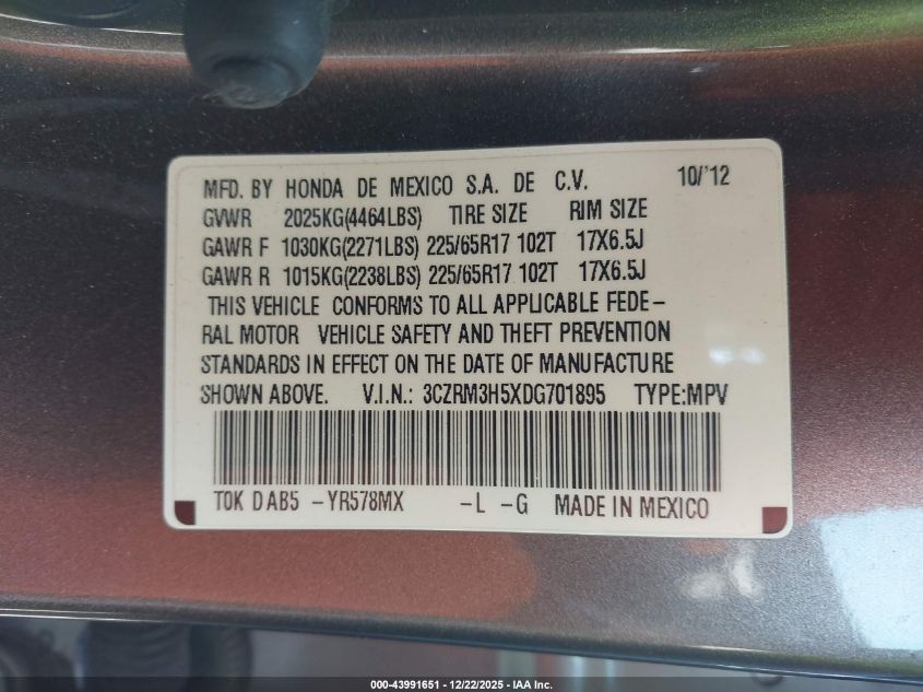 2013 Honda Cr-V Ex VIN: 3CZRM3H5XDG701895 Lot: 43991651