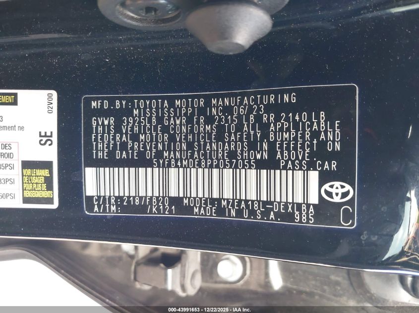 2023 Toyota Corolla Le VIN: 5YFB4MDE8PP057055 Lot: 43991653