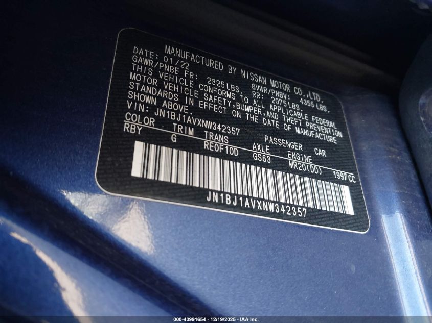 2022 Nissan Rogue Sport S Fwd Xtronic Cvt VIN: JN1BJ1AVXNW342357 Lot: 43991654