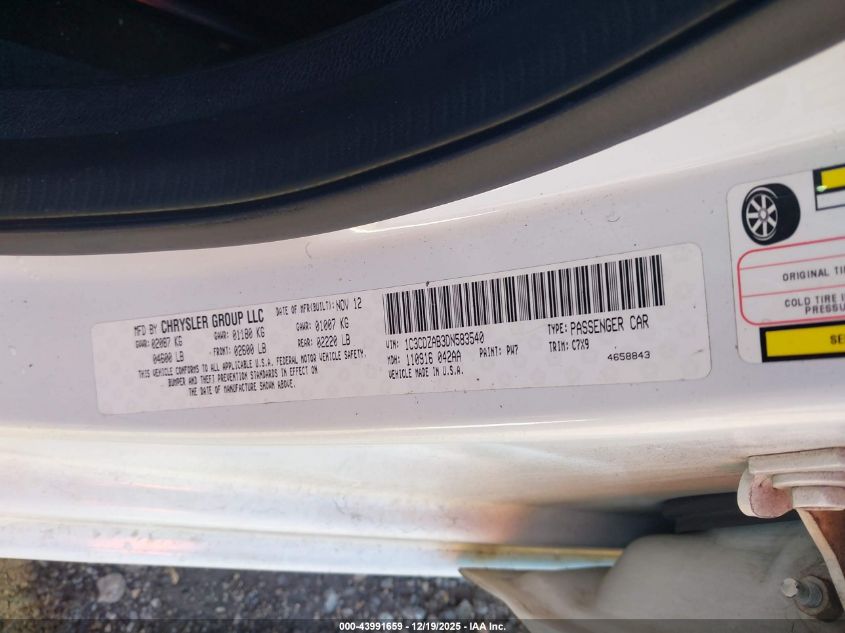 2013 Dodge Avenger Se VIN: 1C3CDZAB3DN583540 Lot: 43991659