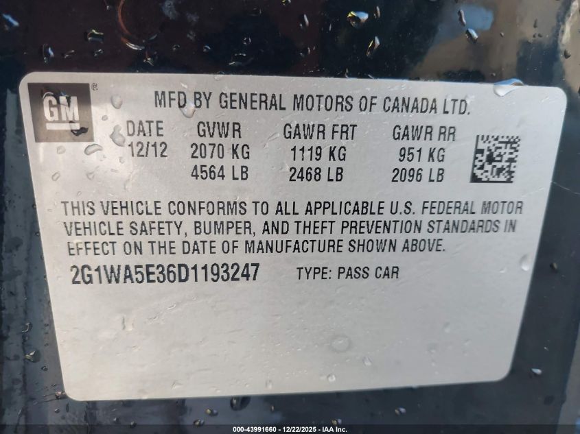 2013 Chevrolet Impala Ls VIN: 2G1WA5E36D1193247 Lot: 43991660