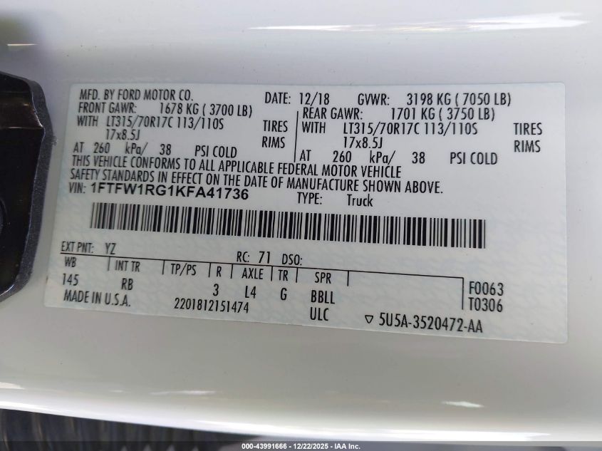 2019 Ford F150 Raptor VIN: 1FTFW1RG1KFA4173 Lot: 43991666