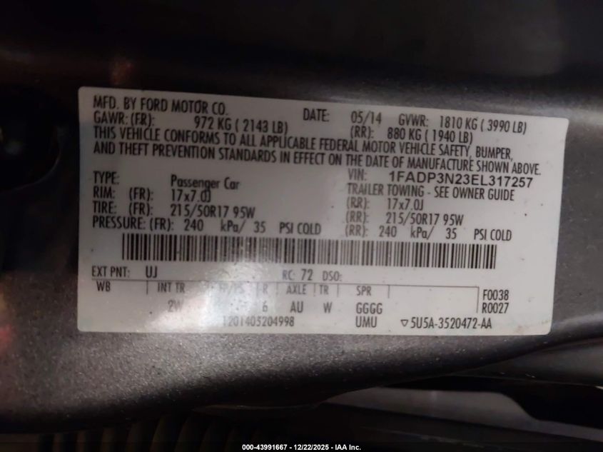 2014 Ford Focus Titanium VIN: 1FADP3N23EL317257 Lot: 43991667