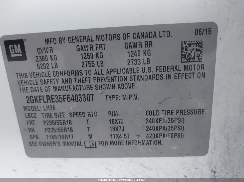 2015 GMC Terrain Sle-2 VIN: 2GKFLRE35F6403307 Lot: 43991669