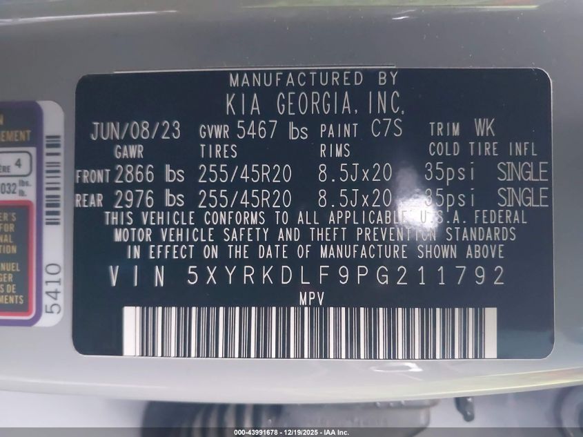 2023 Kia Sorento Sx VIN: 5XYRKDLF9PG211792 Lot: 43991678