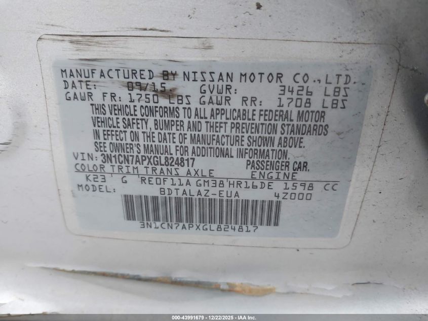 2016 Nissan Versa 1.6 S+ VIN: 3N1CN7APXGL824817 Lot: 43991679