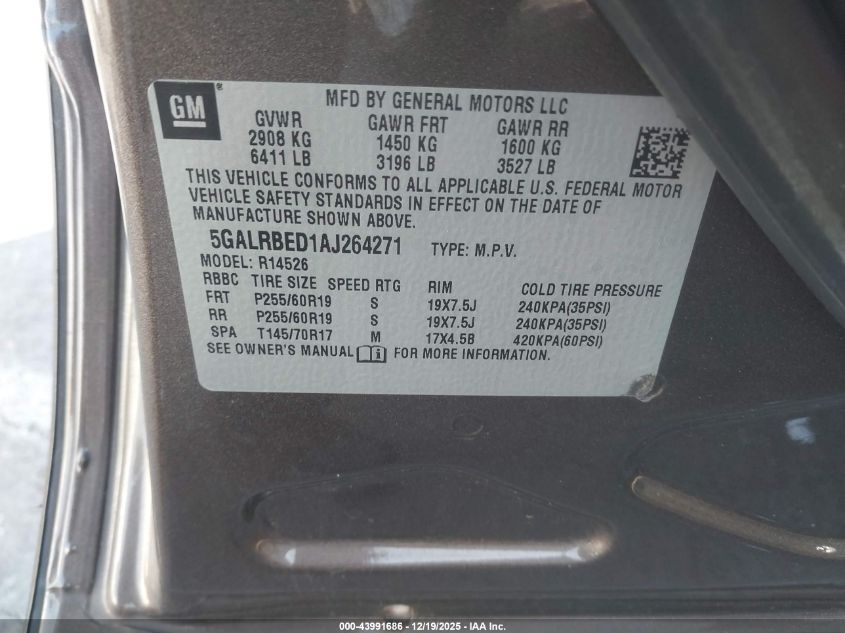 2010 Buick Enclave 1Xl VIN: 5GALRBED1AJ264271 Lot: 43991686