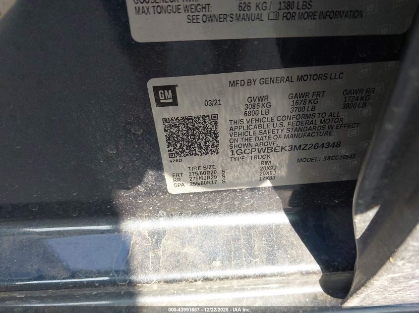 2021 Chevrolet Silverado 1500 2Wd Short Bed Custom VIN: 1GCPWBEK3MZ264348 Lot: 43991687