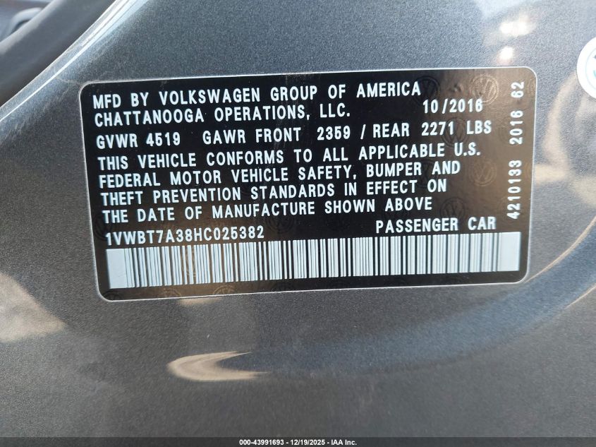 2017 Volkswagen Passat 1.8T Se VIN: 1VWBT7A38HC025382 Lot: 43991693