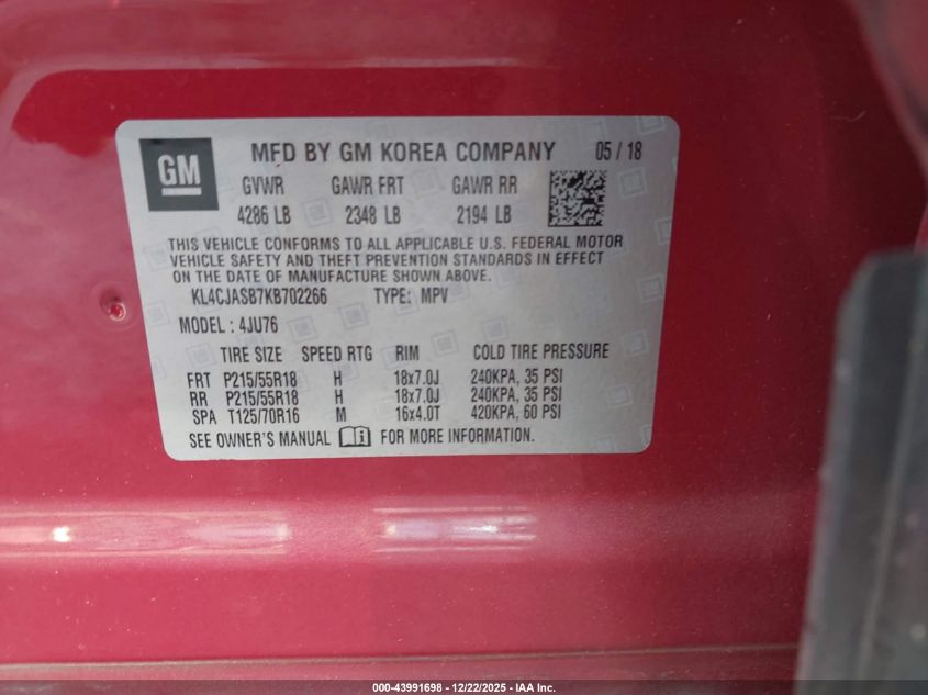 2019 Buick Encore Fwd Preferred VIN: KL4CJASB7KB702266 Lot: 43991698