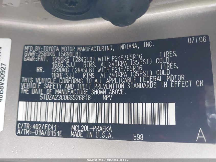 2006 Toyota Sienna Le VIN: 5TDZA23C06S526818 Lot: 43991699