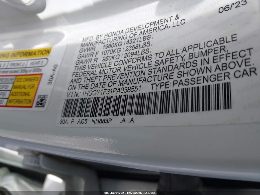 2023 Honda Accord Ex VIN: 1HGCY1F31PA038551 Lot: 43991702