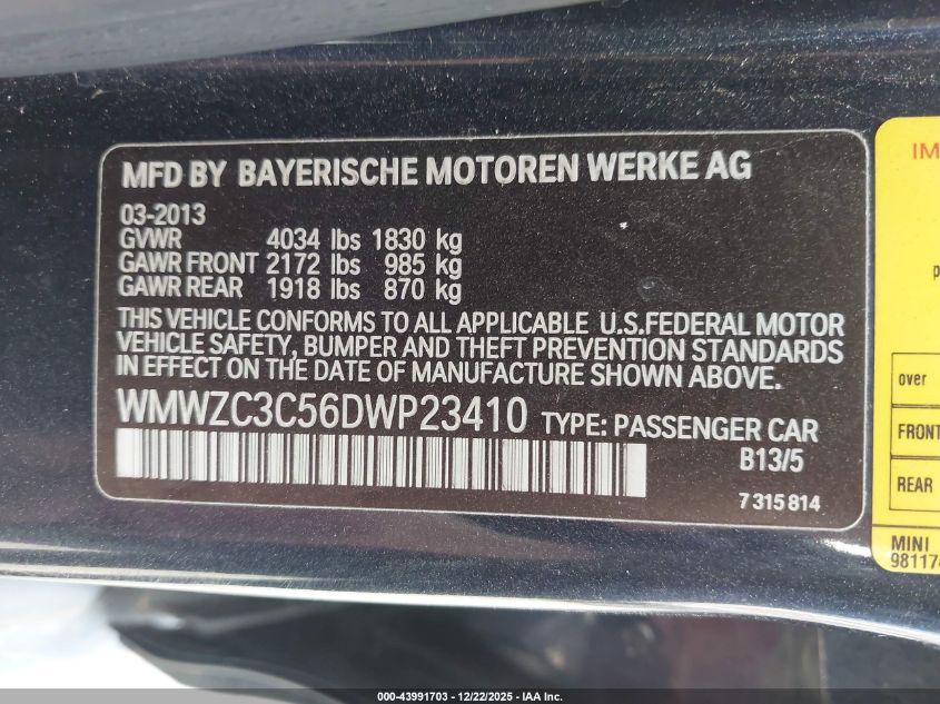 2013 Mini Countryman Cooper S VIN: WMWZC3C56DWP23410 Lot: 43991703