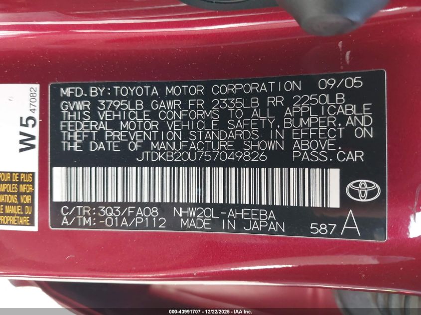 2005 Toyota Prius VIN: JTDKB20U757049826 Lot: 43991707