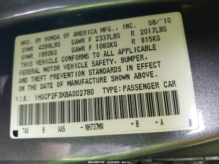 2011 Honda Accord 2.4 Lx VIN: 1HGCP2F3XBA002780 Lot: 43991708