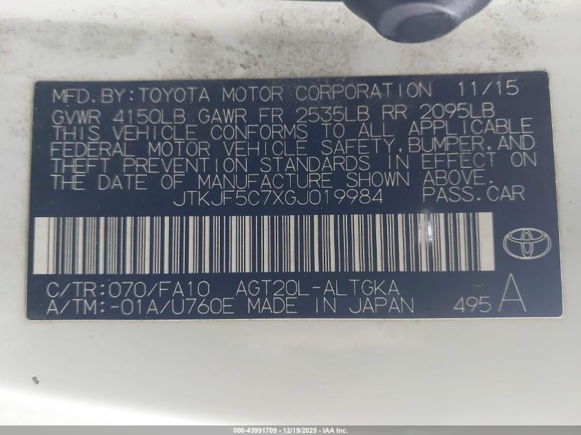 2016 Scion Tc VIN: JTKJF5C7XGJ019984 Lot: 43991709