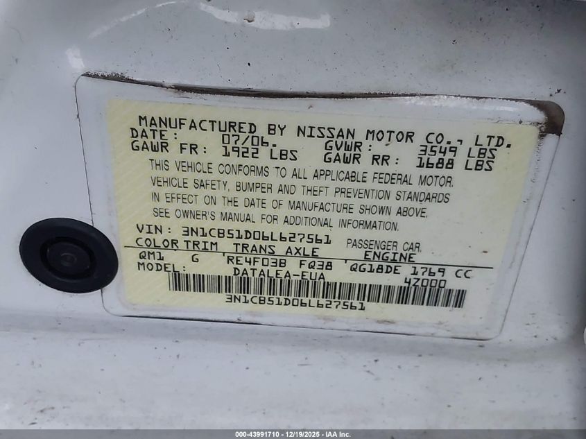 2006 Nissan Sentra 1.8S VIN: 3N1CB51D06L627561 Lot: 43991710