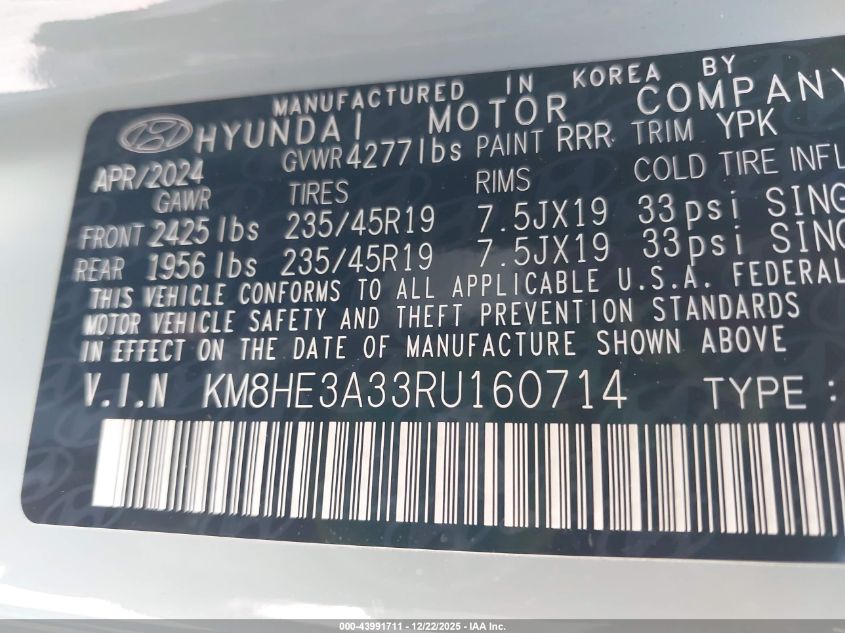 2024 Hyundai Kona Limited VIN: KM8HE3A33RU160714 Lot: 43991711