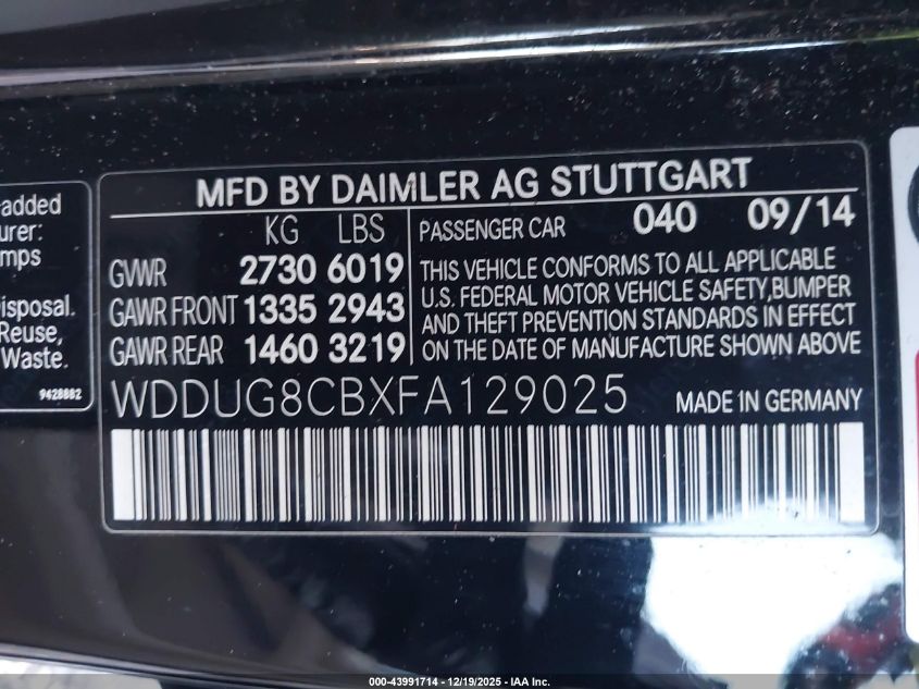 2015 Mercedes-Benz S 550 VIN: WDDUG8CBXFA129025 Lot: 43991714