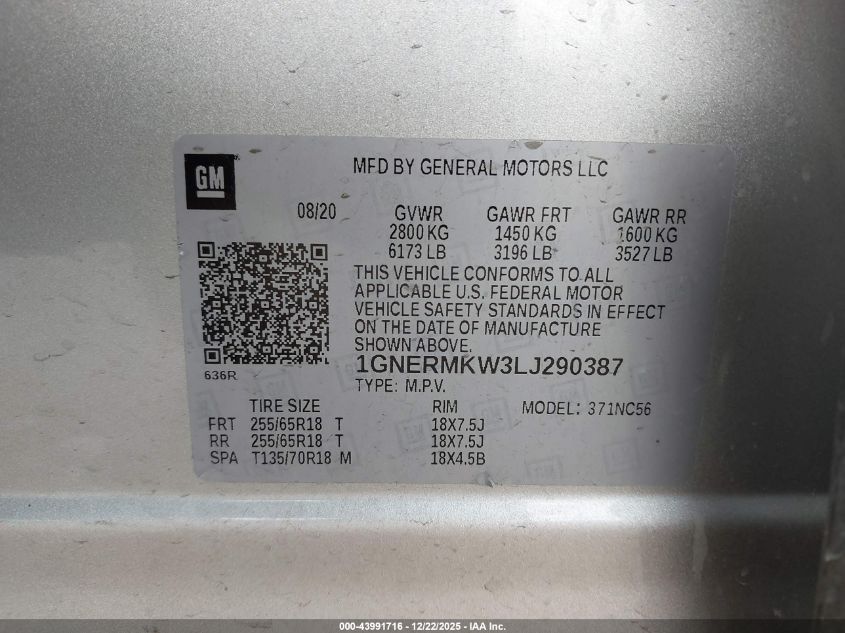 2020 Chevrolet Traverse Fwd 2Fl VIN: 1GNERMKW3LJ290387 Lot: 43991716