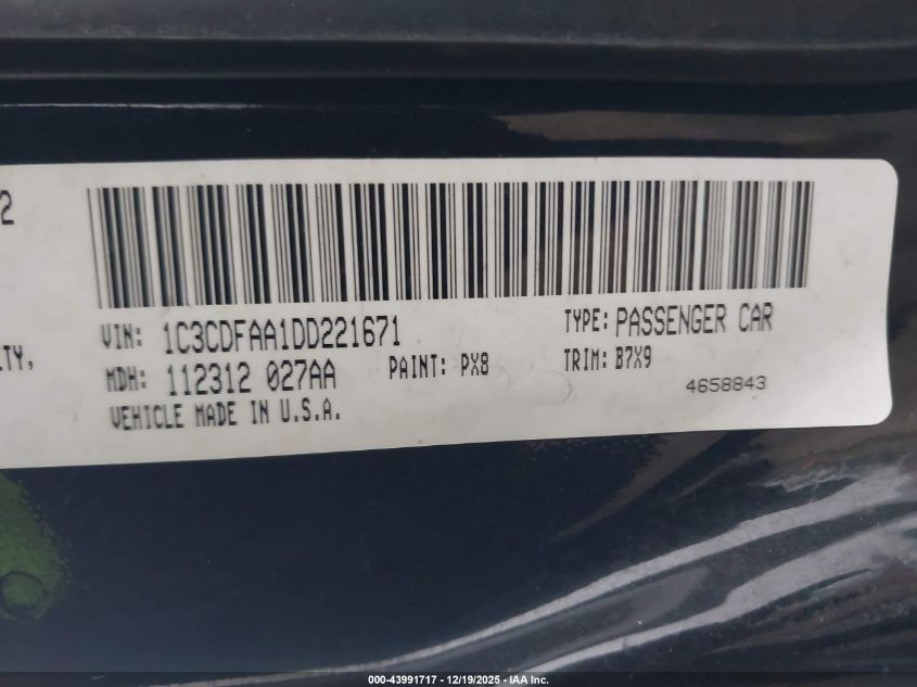 2013 Dodge Dart Se VIN: 1C3CDFAA1DD221671 Lot: 43991717